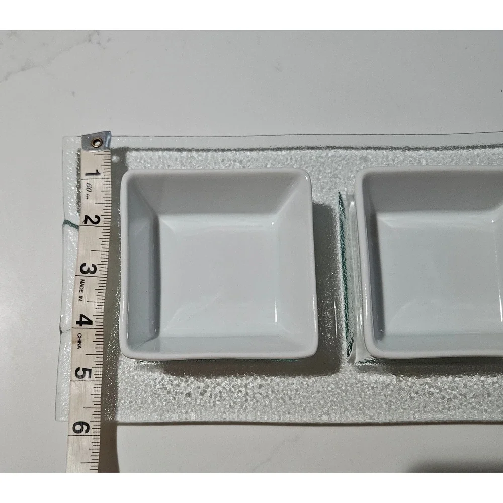 Modern White Ceramic 3 Bowl Server Set with Textured Glass Tray